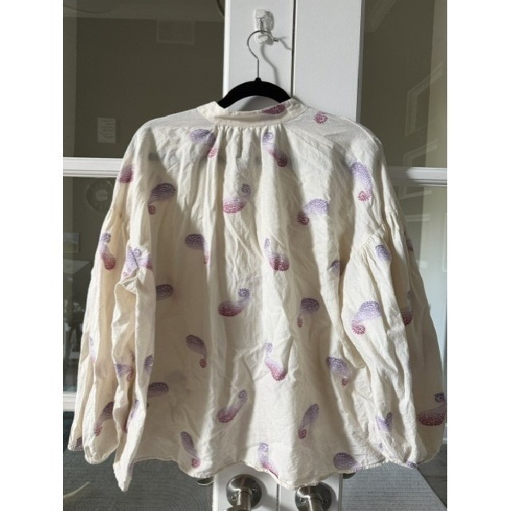 J. Jill Women Small Cream Embroidered Paisley V-Neck Balloon Sleeve Tunic Top - Picture 3 of 8